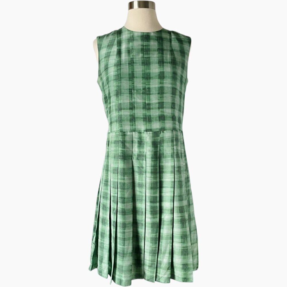 Marc Jacobs Green Plaid Silk Pleated Sleeveless Dress Size 4 - Picture 2 of 8